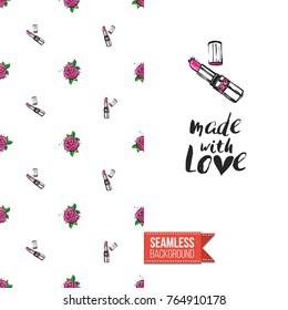 Beauty greeting card illustrated in fashion magazine style. Seamless pattern background with natural fashion accessories for makeup. Inscription: made with love. Vector template.