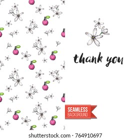 Beauty greeting card illustrated in fashion magazine style. Seamless pattern background with natural fashion accessories for makeup. Inscription: thank you. Vector template.
