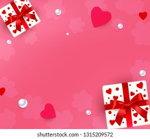 Beauty greeting card for March 8- Women's Day, Mother's Day, Valentine's day. Invitation design template with gift boxes, hearts, pearl and space for message, congratilation, offers. Top view. Vector.
