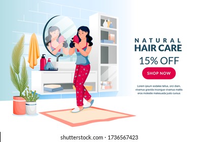 Beauty, hair care, morning routine concept. Young woman brushing and styling her hair. Vector flat cartoon character illustration. Girl holding hairbrush and looking in mirror