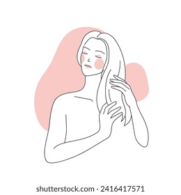 Beauty hair care routine. Applying mask and treatment serum line vector illustration