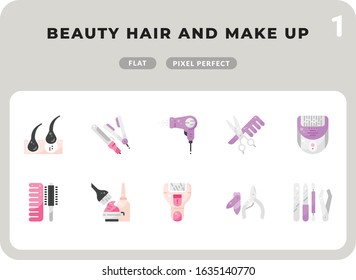 Beauty Hair And Make Up Flat  Icons Pack for UI. Pixel perfect thin line vector icon set for web design and website application.
