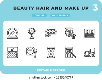 Beauty Hair And Make Up Outline Icons Pack for UI. Editable Stroke. Pixel perfect thin line vector icon set for web design and website application.
