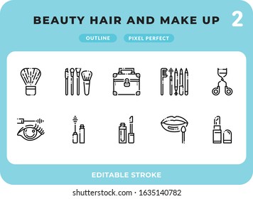 Beauty Hair And Make Up Outline Icons Pack for UI. Editable Stroke. Pixel perfect thin line vector icon set for web design and website application.
