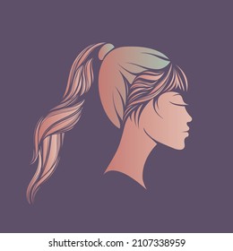 Beauty, hair salon illustration. Cosmetics, beautician, spa, hairdresser logo isolated on dark fund. Beautiful woman portrait. Long, wavy hairstyle. Young lady face. Elegant glamour style ponytail.