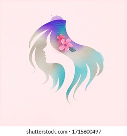 Beauty hair salon, beauty logo silhouette plus abstract watercolor painted. Digital art painting. Vector illustration