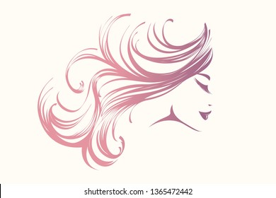 Beauty and hair salon logo.Beautiful woman portrait with long, wavy hairstyle and elegant makeup.Cosmetics and spa illustration isolated on white background.