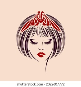 Beauty, hair salon, makeup logo.Beautiful woman face.Cosmetics, spa, hairdresser studio, beautician, fashion illustration isolated on light fund.Red crown.Elegant, luxury, glamour style.