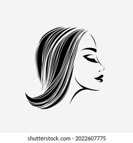 Beauty, hair salon, makeup logo.Beautiful woman face.Cosmetics, spa, hairdresser studio, beautician, fashion illustration isolated on light fund.Long, wavy hairstyle.Elegant, luxury, glamour style.