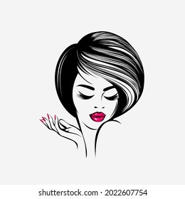 Beauty, hair salon, makeup, manicure logo.Beautiful woman face.Cosmetics, spa, hairdresser studio, beautician, nails art, fashion illustration.Wavy hairstyle.Elegant, luxury, glamour style model.