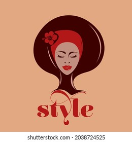 Beauty, hair salon, makeup, spa, fashion logo.Beautiful African American woman with flower accessory.Elegant, luxury, glamour style young lady face.Cute girl portrait illustration.Afro hairstyle.