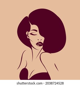 Beauty, hair salon, makeup, spa, fashion logo.Beautiful African American woman.Elegant, luxury, glamour style young lady face.Cute girl portrait illustration.Afro hairstyle.