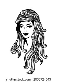 Beauty, hair salon, makeup, spa logo.Beautiful woman with long, wavy, curly hairstyle.Elegant, luxury, glamour style young lady face.Cute girl portrait.Female head illustration.