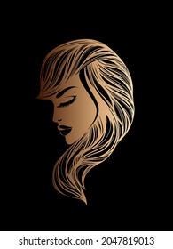 Beauty, hair salon, makeup, spa logo.Beautiful woman with blond, long, wavy hairstyle.Elegant, luxury, glamour style young lady face.Cute girl portrait.Gold color head illustration.