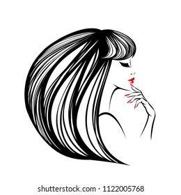 Beauty, Hair Salon And Nail Art Studio Vector Icon.Illustration Of A Woman With Long, Big Volume Hairstyle, Elegant Makeup And Manicure.