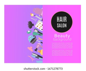 Beauty hair salon, studio poster with hairdressers tools, fan, brushesand shampoo vector illustration in flat cartoon style. Beauty salon or barbershop with typography and text poster.