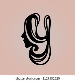 Beauty and hair salon typographic logo.Decorative letter Y representing a woman with long, wavy hairstyle.Vector icon isolated on rose color background.