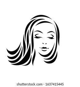 Beauty and hair salon vector logo isolated on light background.Beautiful woman portrait with long, wavy hair and elegant makeup.Cosmetics, spa and hairstyle studio icon.Glamour style head design.