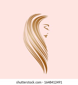 Beauty and hair salon vector logo isolated on light pink background.Beautiful woman portrait with long, wavy hair  Glamour style design.