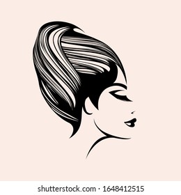 Beauty and hair salon vector logo isolated on light background.Beautiful woman portrait with classy retro hair bun Glamour style design.