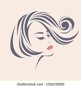 Beauty and hair salon vector logo.Beautiful young woman with elegant hairstyle and makeup, wearing shiny lipstick on her lips and long eyelashes.Style and cosmetics female portrait illustration.