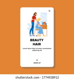 Beauty Hair Stylist Haircut Girl Client Vector. Hairdresser Trimming Young Woman Hair Style Professional Service. Scissors And Shampoo, Mirror And Plant In Cabinet. Web Flat Cartoon Illustration