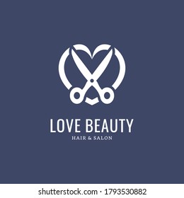 Icono del logotipo del corte de pelo de belleza con amor y tijeras Vector de diseño