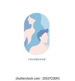 Beauty haircut salon logo. Woman and man with beautiful hair stand back to back. Vector illustration design