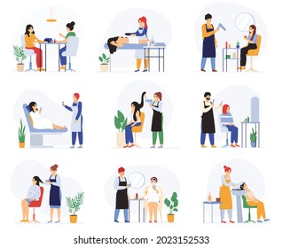 Beauty, Hairdressing, Spa Massage Salon Procedures Services. Spa Salon Customers, Manicure, Facial Procedures, Massage Vector Illustration Set. People Visiting Beauty Salon And Doing Healthy Treatment