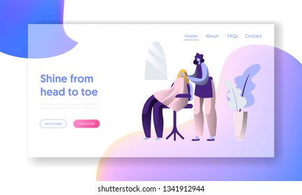 Beauty Hairstyle Salon. Professional Barber Stylist make Styling Hairdressing for Client Landing Page. Fashionable, Beautiful and Glamour Woman Website or Web Page. Flat Cartoon Vector Illustration