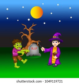 beauty halloween scenic cartoon in the night