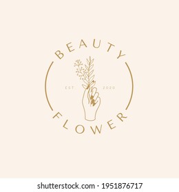 Beauty Hand Holding Flower Floral Simple Logo Design  Lineart Template Vector Icon 
