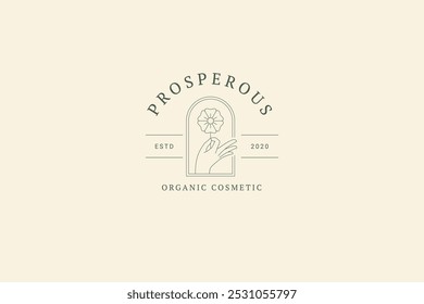 Beauty hand with natural flower in antique frame line art logo design template vector illustration. Elegant gentle organic chamomile linear logotype for spa wellness beautician cosmetology salon