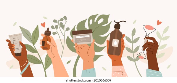 Beauty hands holding different cosmetic product. Diverse girls showing moisture cream, serum, cleanser and massage stone. Daily skin care routine and hygiene concept. Flat line vector illustration.