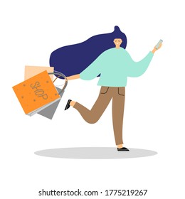 Beauty and happy young woman with shopping bags and phone in her hands. Flat illustration. 