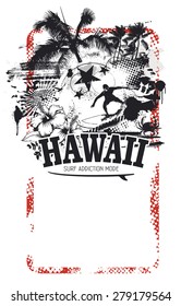 beauty hawaiian summer banner with beach and surfer riding a wave