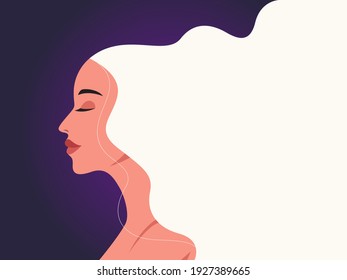 Beauty head shot of beautiful woman with white hair. International woman's day. Empty for message. Peaceful. Template for feminine content. Beauty banner. Flat vector illustration character.