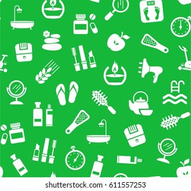 Beauty and health, background, seamless, green, vector. Care for body and face. White icons on a green background. Flat, vector clip art. Seamless vector background. 