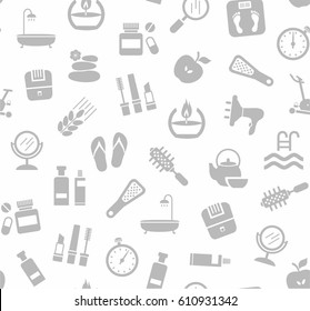 Beauty and health, background, seamless, white, vector. Care for body and face. Gray icons on white background. Flat, vector clip art. Seamless vector background. 