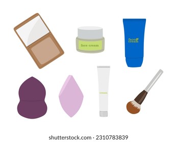 Belleza y elementos de salud. Conjunto de artículos de belleza aislados en un fondo blanco. Crema facial, Polvo de maquillaje, cepillo de maquillaje, esponjas cosméticas para maquillaje facial. Ilustración vectorial plana