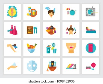 Beauty and health concept. Flat icon set. Cosmetology, dieting, spa center. Can be used for topics like vacation, healthy eating, service, beauty salon