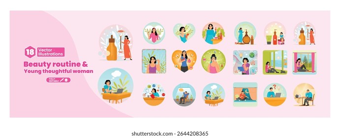Beauty and health concept. Set of illustrations depicting women's routines for maintaining health, beauty and self-care. Mega set.