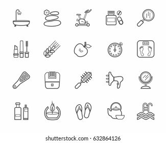 Beauty and health, icon, line, monochrome, vector. Care for body and face. Dark gray contour icons on white background. Flat, vector clip art. 
