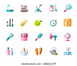 Beauty and health, icons, color, vector. Care for body and face. Colored icons with shadow on white background. Flat, vector clip art. 