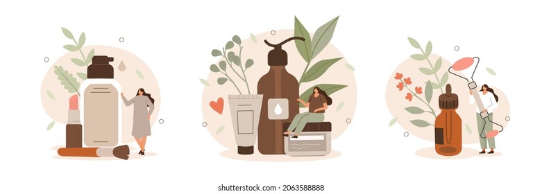 Beauty and health illustration set. Girls taking care about beauty and health and using different natural cosmetic products. Essential oil, organic cleanser and massage stone. Vector illustration.