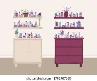 Beauty And Health Store Interior. Cartoon Shampoo, Cream, Lotion, Scrub, Perfume, Soap, Moisturizer On Shelves. Vector Flat Illustration, Banner Template.