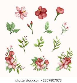 Beauty hibiscus bright color flower element bouquet with blossom, bud, leaves, branch for wedding
