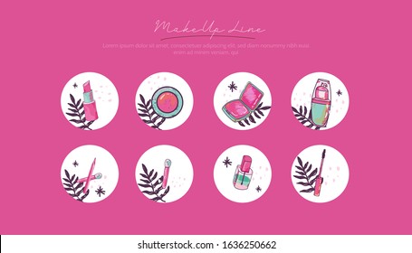 Beauty Highlights grunge icons. Fashion Isolated background. Vector template design. Creative Social media with make up icons and tropical leaves