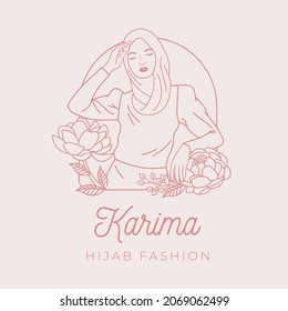 
Beauty Hijab Woman Hand Drawn With Flowers For Fashion Logo, Online Shop Logo, Bridal Shop Template