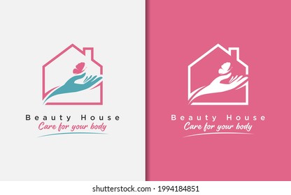 Beauty House Logo Design. Abstract House Combined with Handy Care and Beauty Minimalist Butterfly Silhouette.